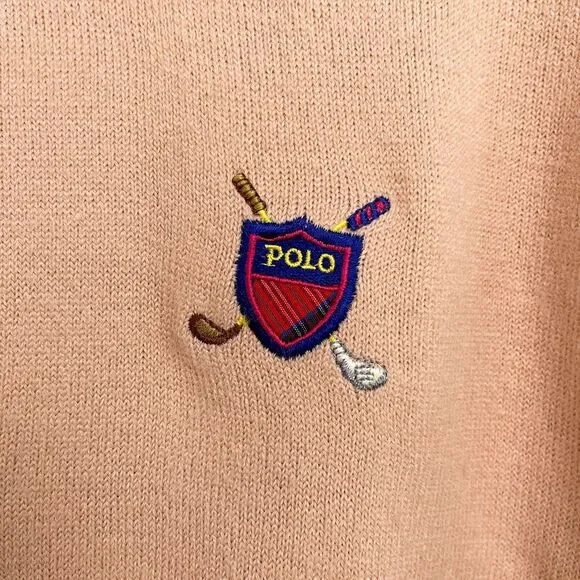 POLO Ralph Lauren Pure Cashmere Sweater Tan Golf Shield Logo Vintage Mens XL
